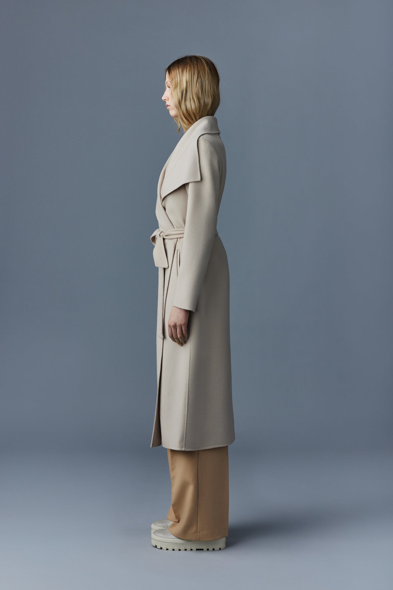 Mai -double face wool coat with waterfall collar - Sand