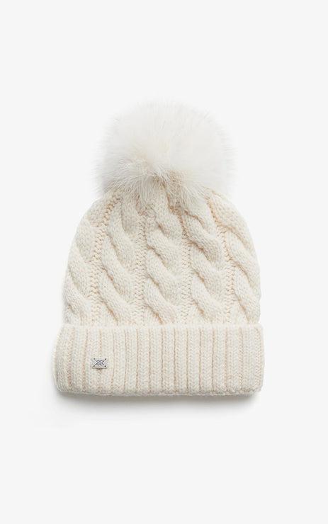 Amalie cable knit hat with detachable pom pom - Powder
