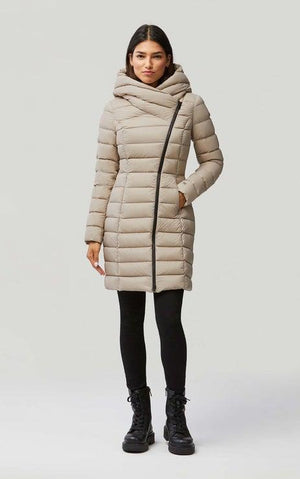 Karelle sustainable lightweight down coat with asymetrical closure- Fawn